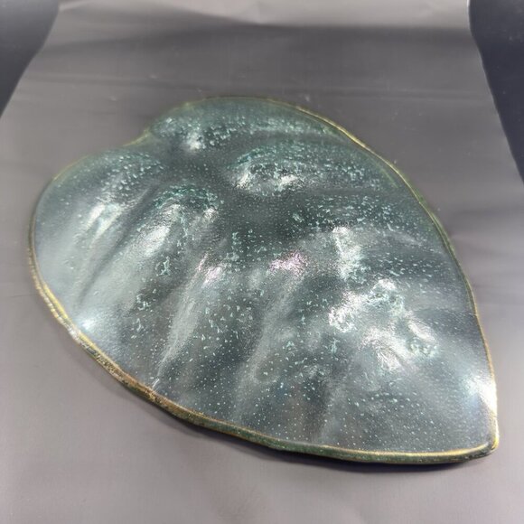 Vintage Clear Recycle Glass Dish Plate Platter Leaf Shaped With Gold Edges Glass - Picture 13 of 14